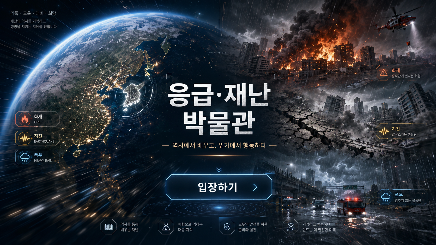 지구에서 도시의 화재, 지진, 폭우 현장으로 확대되는 재난 박물관 이미지